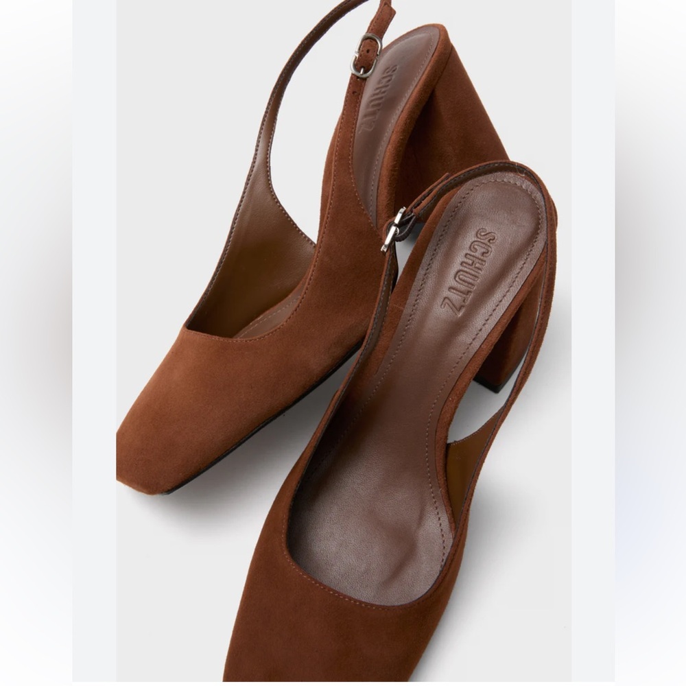 Schutz Leia Block slingback heels brown suede upper square toe block heel 9.5